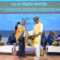 The Director of IIT Mandi, while presenting the degree, takes a selfie with the graduating student during the 14th Convocation Ceremony, referencing